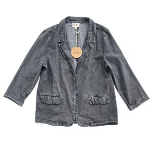 BiBi Women’s Large Black Gray Washed Denim Single Breasted Blazer Jacket #IP5012